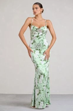 Lifetime | Green Floral Print Satin Cowl Neck Maxi Dress With Cross Back Detail -Dress Shop WB BR CC CL127192153 LifetimeGreenFloralPrintSatinCowlNeckMaxiDressWithCrossBackDetail3copy