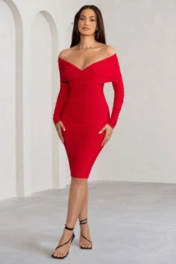 Flatter Me | Red Twist Front Bardot Midi Dress -Dress Shop WB BR CL126408 FlatterMeRedTwistFrontBardotMidiDress1