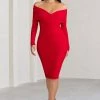 Flatter Me | Red Twist Front Bardot Midi Dress 2 Flatter Me | Red Twist Front Bardot Midi Dress -Dress Shop WB BR CL126408 FlatterMeRedTwistFrontBardotMidiDress2