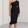 In The Shadows | Black One Shoulder Midi Dress With Ruching -Dress Shop WB BR CL126671002 InTheShadowsBlackOneShoulderMidiDressWithRuching1
