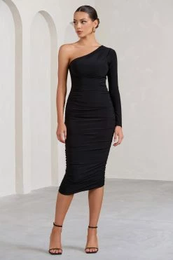 In The Shadows | Black One Shoulder Midi Dress With Ruching