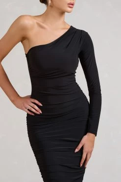 In The Shadows | Black One Shoulder Midi Dress With Ruching 9 In The Shadows | Black One Shoulder Midi Dress With Ruching -Dress Shop WB BR CL126671002 InTheShadowsBlackOneShoulderMidiDressWithRuching4