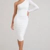 In The Shadows | White One Shoulder Midi Dress With Ruching 1 In The Shadows | White One Shoulder Midi Dress With Ruching -Dress Shop WB BR CL126671005 InTheShadowsWhiteOneShoulderMidiDressWithRuching0