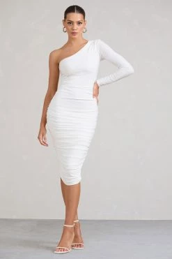 Dress Shop 39 In The Shadows | White One Shoulder Midi Dress With Ruching