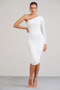 In The Shadows | White One Shoulder Midi Dress With Ruching 14 In The Shadows | White One Shoulder Midi Dress With Ruching -Dress Shop WB BR CL126671005 InTheShadowsWhiteOneShoulderMidiDressWithRuching1