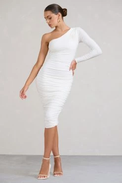 In The Shadows | White One Shoulder Midi Dress With Ruching 13 In The Shadows | White One Shoulder Midi Dress With Ruching -Dress Shop WB BR CL126671005 InTheShadowsWhiteOneShoulderMidiDressWithRuching2