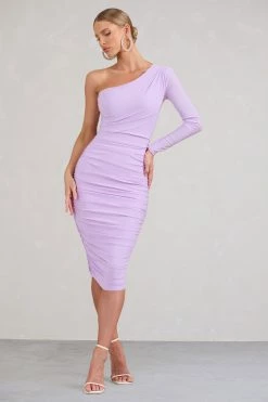 In The Shadows | One Shoulder Midi Dress Lilac With Ruching