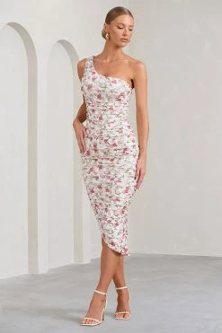 Late Night | Rose Floral Print Ruched One Shoulder Midi Dress