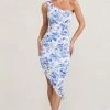Late Night | Blue Floral Print Ruched One Shoulder Midi Dress -Dress Shop WB BR CL126680156 LateNightBlueFloralPrintRuchedOneShoulderMidiDress0