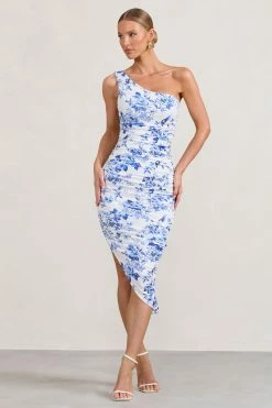 Late Night | Blue Floral Print Ruched One Shoulder Midi Dress
