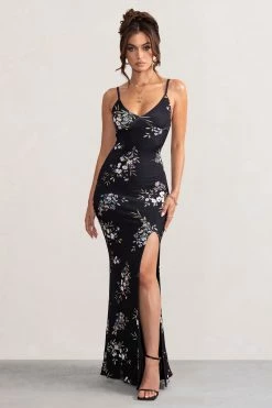Farah | Black Floral Print Plunge Neck Maxi Dress With Split Detail 9 Farah | Black Floral Print Plunge Neck Maxi Dress With Split Detail -Dress Shop WB BR CL126720 FarahBlackFloralPrintPlungeNeckMaxiDressWithSplitDetail1