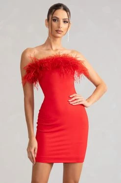 Stop The Show | Red Feather Trim Strapless Bodycon Mini Dress -Dress Shop WB BR CL127104 StopTheShowRedFeatherTrimStraplessMiniDress1