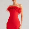 Stop The Show | Red Feather Trim Strapless Bodycon Mini Dress