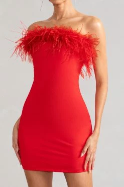 Stop The Show | Red Feather Trim Strapless Bodycon Mini Dress -Dress Shop WB BR CL127104 StopTheShowRedFeatherTrimStraplessMiniDress2 ae4f57ce 6f0a 4a84 aedf 768f68bf1a67