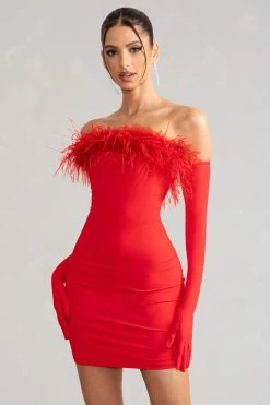 Stop The Show | Red Feather Trim Strapless Bodycon Mini Dress -Dress Shop WB BR CL127104 StopTheShowRedFeatherTrimStraplessMiniDress5