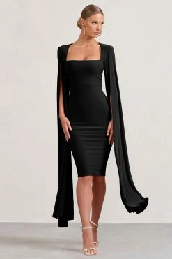 Flawless | Black Square Neck Midi Dress With Cape Sleeves -Dress Shop WB BR CL127209002 FlawlessBlackSquareNeckMidiDressWithCapeSleeves1