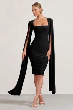 Flawless | Black Square Neck Midi Dress With Cape Sleeves -Dress Shop WB BR CL127209002 FlawlessBlackSquareNeckMidiDressWithCapeSleeves2