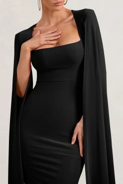 Flawless | Black Square Neck Midi Dress With Cape Sleeves -Dress Shop WB BR CL127209002 FlawlessBlackSquareNeckMidiDressWithCapeSleeves3