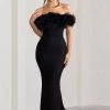 Idyll | Black Lace Bardot Feather Fishtail Maxi Dress -Dress Shop WB BR CL127229 IdyllBlackLaceBardotFeatherFishtailMaxiDress1