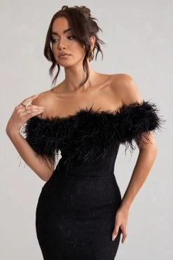 Idyll | Black Lace Bardot Feather Fishtail Maxi Dress -Dress Shop WB BR CL127229 IdyllBlackLaceBardotFeatherFishtailMaxiDress4