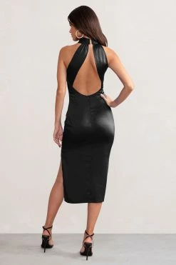 Dazzling | Black Satin Cross Over Halter Neck Midi Dress -Dress Shop WB BR CL127233 DazzlingBlackSatinCrossOverHalterNeckMidiDress4