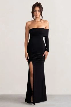 Meghan | Black Bardot Neck Thigh Split Fishtail Maxi Dress -Dress Shop WB BR CL127640 MeghanBlackBardotNeckThighSplitFishtailMaxiDress1
