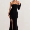 Meghan | Black Bardot Neck Thigh Split Fishtail Maxi Dress -Dress Shop WB BR CL127640 MeghanBlackBardotNeckThighSplitFishtailMaxiDress2