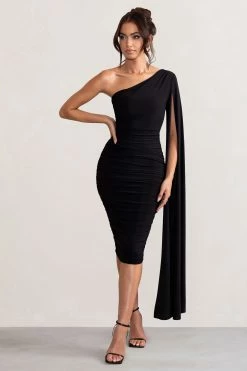 Yara | Black One Shoulder Cape Ruched Midi Dress -Dress Shop WB BR CL127661 YaraBlackOneShoulderCapeRuchedMidiDress1 0008d26f 4eec 4b43 a178 3d7e27d48e02