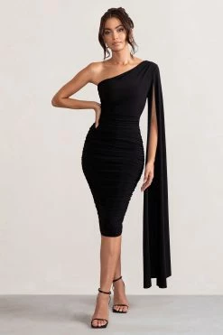 Yara | Black One Shoulder Cape Ruched Midi Dress -Dress Shop WB BR CL127661 YaraBlackOneShoulderCapeRuchedMidiDress2 f2e333bf 0197 4227 908b 65f3699f6b87