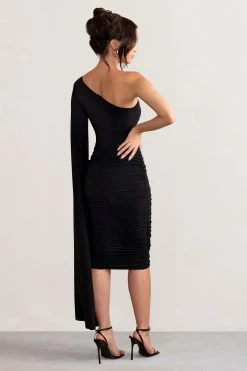 Yara | Black One Shoulder Cape Ruched Midi Dress -Dress Shop WB BR CL127661 YaraBlackOneShoulderCapeRuchedMidiDress5 675e6069 fe61 4d2a 8fff 7c2b8eaea338