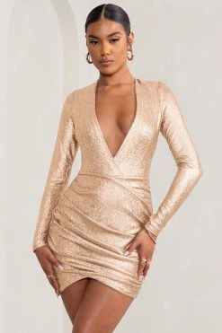 Zara | Gold Extreme Plunge Wrap Skirt Long Sleeve Mini Dress With Shoulder Pads -Dress Shop WB BR CL127670 ZaraGoldExtremePlungeWrapSkirtLongSleeveMiniDressWithShoulderPads0