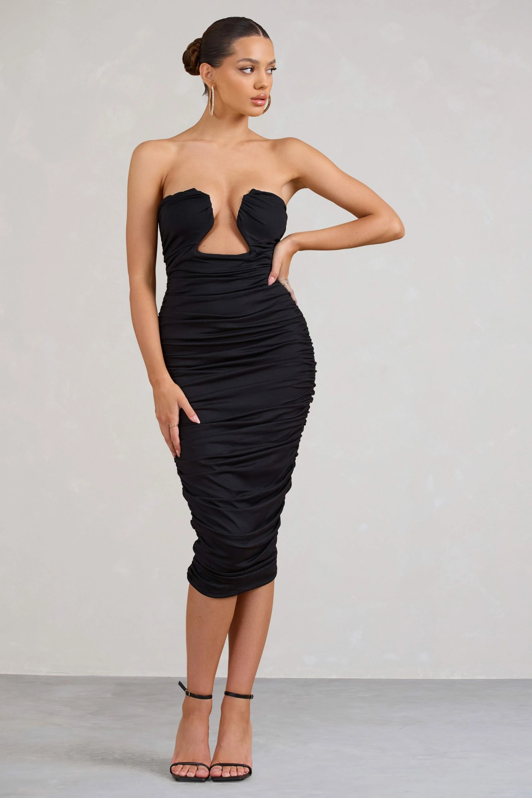 Stately | Black Cut-Out Ruched Bodycon Midi Dress 3 Stately | Black Cut-Out Ruched Bodycon Midi Dress