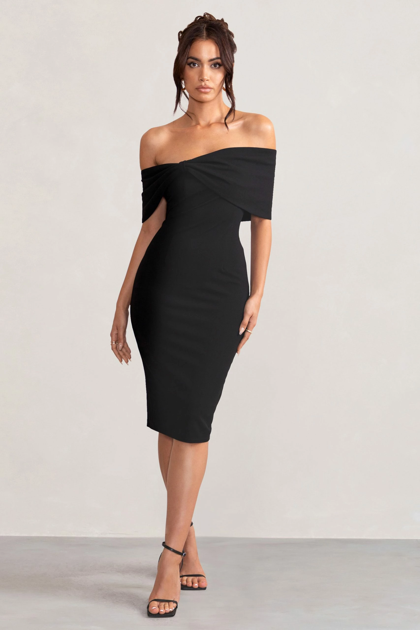 Alyssa | Black Bardot Bow Detail Midi Dress 3 Alyssa | Black Bardot Bow Detail Midi Dress