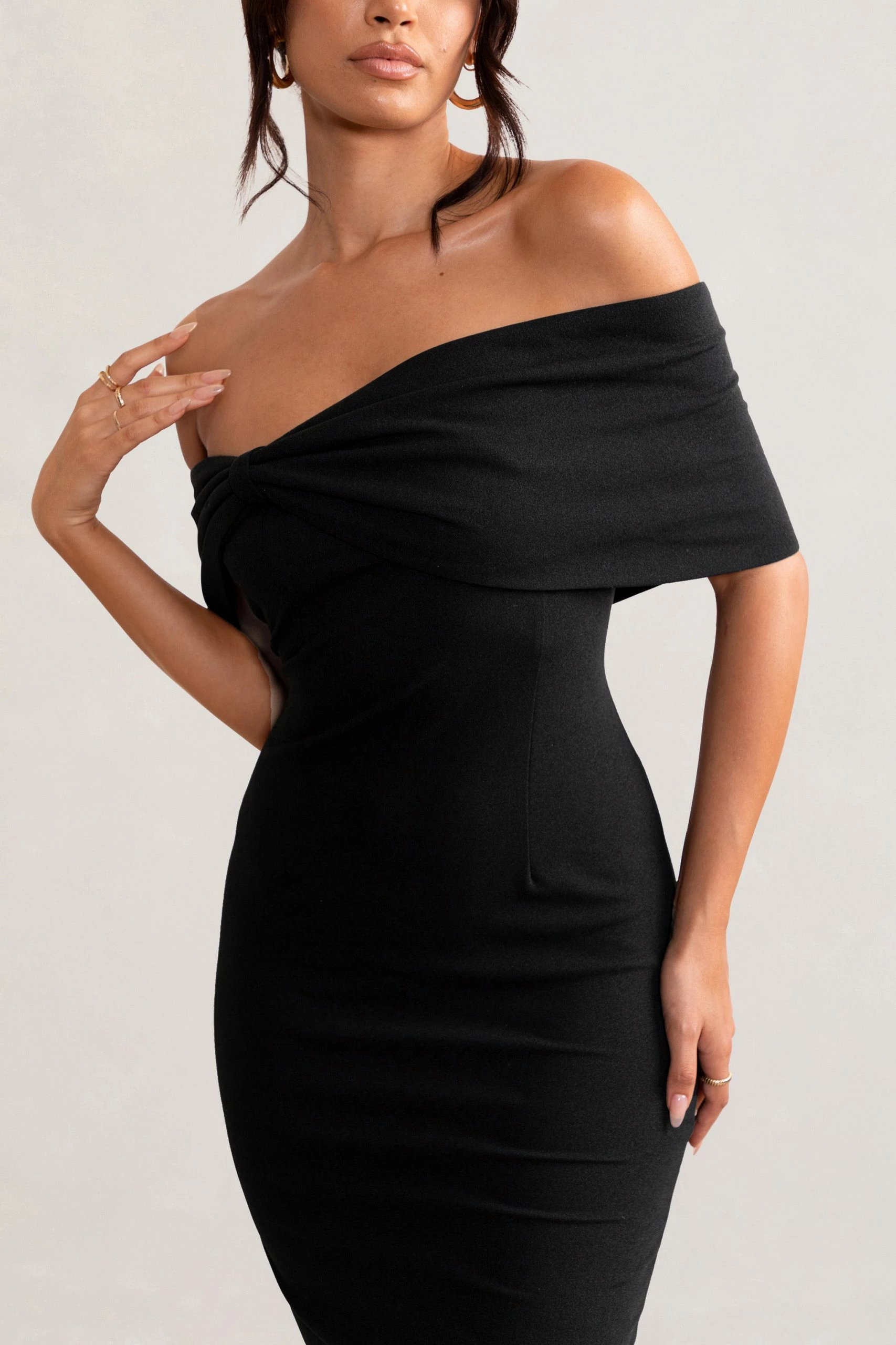 Alyssa | Black Bardot Bow Detail Midi Dress 7 Alyssa | Black Bardot Bow Detail Midi Dress - Image 5