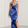 Farah | Blue Floral Print Plunge Neck Maxi Dress With Split Detail -Dress Shop WB BR CL127830 FarahPurpleFloralPrintPlungeNeckMaxiDressWithSplitDetail0