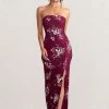 Camila | Burgundy Floral Print Strapless Maxi Dress With Thigh Split -Dress Shop WB BR CL127848 CamilaBerryFloralPrintStraplessMaxiDressWithThighSplit0