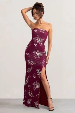 Camila | Burgundy Floral Print Strapless Maxi Dress With Thigh Split -Dress Shop WB BR CL127848 CamilaBerryFloralPrintStraplessMaxiDressWithThighSplit1