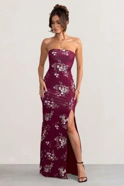 Camila | Burgundy Floral Print Strapless Maxi Dress With Thigh Split -Dress Shop WB BR CL127848 CamilaBerryFloralPrintStraplessMaxiDressWithThighSplit2