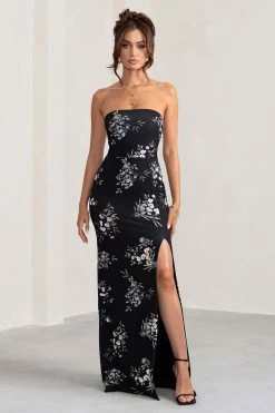 Camila | Black Floral Print Strapless Maxi Dress With Thigh Split -Dress Shop WB BR CL127848 CamilaBlackFloralPrintStraplessMaxiDressWithThighSplit1