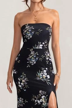 Camila | Black Floral Print Strapless Maxi Dress With Thigh Split -Dress Shop WB BR CL127848 CamilaBlackFloralPrintStraplessMaxiDressWithThighSplit1 f416915d 7601 4828 8ed5 0110ee8505b6