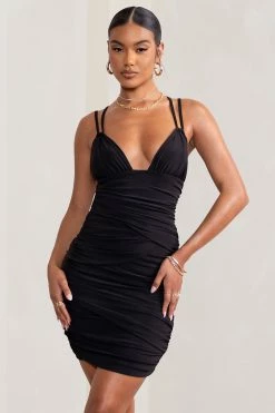 Bellamy | Black Ruched Double Strap Mini Dress
