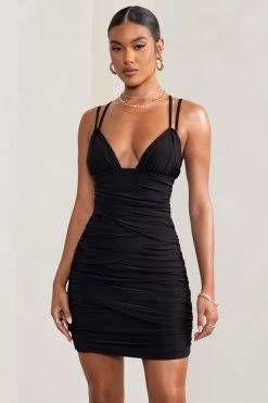 Bellamy | Black Ruched Double Strap Mini Dress -Dress Shop WB BR CL128050 BellamyBlackAsymmetricRuchedMeshMiniDress1
