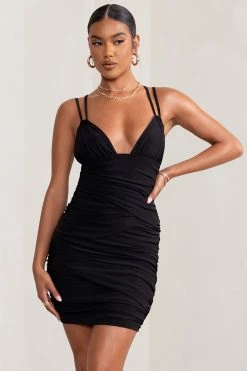 Bellamy | Black Ruched Double Strap Mini Dress -Dress Shop WB BR CL128050 BellamyBlackAsymmetricRuchedMeshMiniDress2