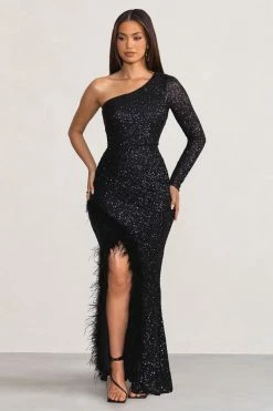 Alexis | Black One Sleeve Maxi Dress With Feather Trimmed Thigh Split
