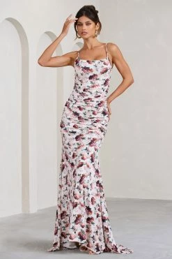 Adele | White Floral Print Backless Ruched Fishtail Cami Maxi Dress -Dress Shop WB BR CL128390136 AdeleWhiteFloralPrintBacklessRuchedFishtailCamiMaxiDress3