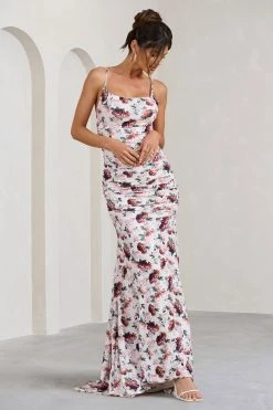 Adele | White Floral Print Backless Ruched Fishtail Cami Maxi Dress -Dress Shop WB BR CL128390136 AdeleWhiteFloralPrintBacklessRuchedFishtailCamiMaxiDress4