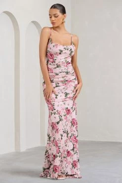 Adele | Pink Floral Print Backless Ruched Fishtail Cami Maxi Dress 10 Adele | Pink Floral Print Backless Ruched Fishtail Cami Maxi Dress -Dress Shop WB BR CL128390146 AdelePinkFloralPrintBacklessRuchedFishtailCamiMaxiDress2
