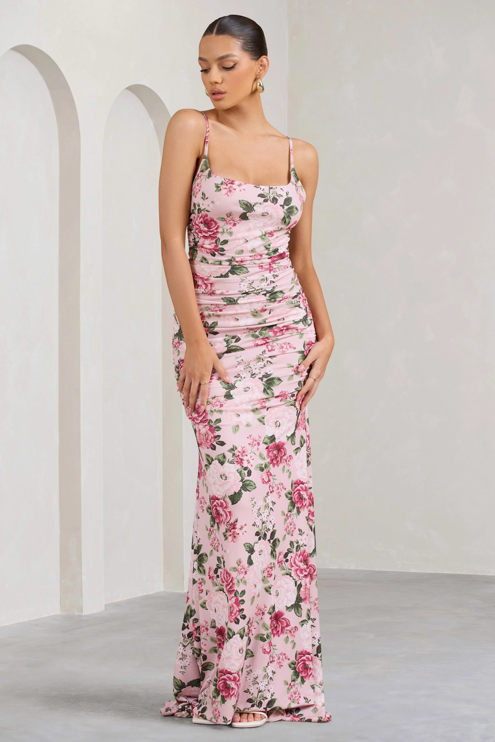 Adele | Pink Floral Print Backless Ruched Fishtail Cami Maxi Dress 6 Adele | Pink Floral Print Backless Ruched Fishtail Cami Maxi Dress - Image 4