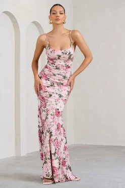 Adele | Pink Floral Print Backless Ruched Fishtail Cami Maxi Dress 11 Adele | Pink Floral Print Backless Ruched Fishtail Cami Maxi Dress -Dress Shop WB BR CL128390146 AdelePinkFloralPrintBacklessRuchedFishtailCamiMaxiDress3