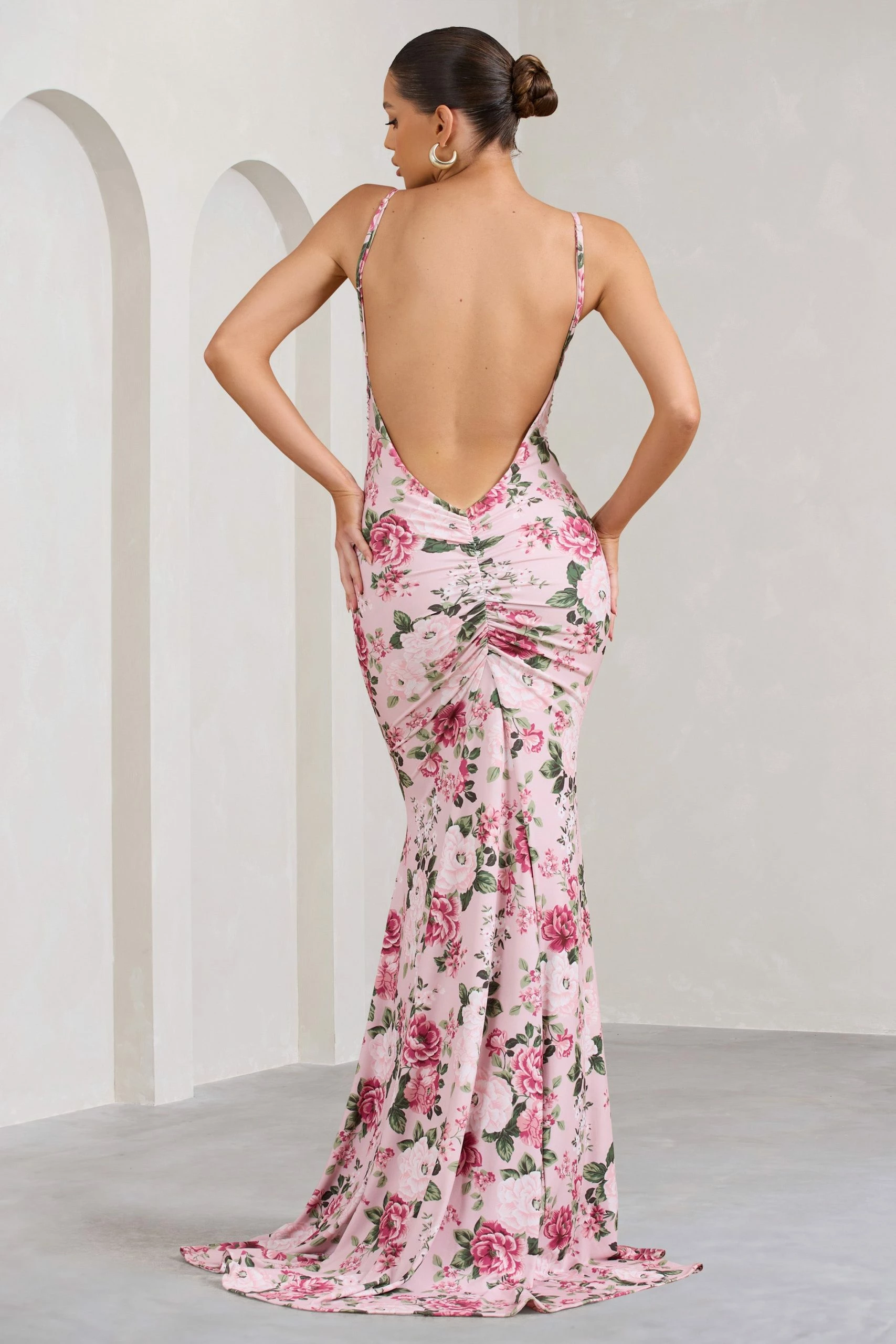 Adele | Pink Floral Print Backless Ruched Fishtail Cami Maxi Dress 4 Adele | Pink Floral Print Backless Ruched Fishtail Cami Maxi Dress - Image 2